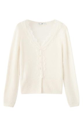 Mango Lace Trim V-Neck Cardigan in Ecru at Nordstrom, Size X-Small