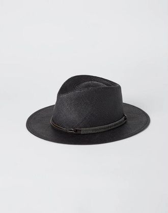 Brunello Cucinelli Black Straw Fedora Hat, Size X-Large