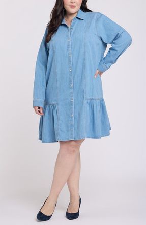 NYDJ Ruffle Hem Long Sleeve Denim Shirtdress in Faded Beam at Nordstrom, Size 3 X
