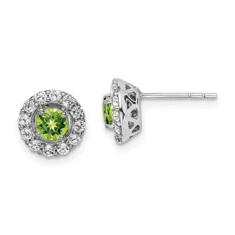 Diamond2Deal Sterling Silver Rhodium Plated White Topaz and Peridot Round Stud Earrings