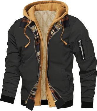 Generic Winter Jackets for Men,Fake Two-Piece Spliced Plaid Interior with Pockets Warm for Casual Flight Jacket Mens Autumn Winter Hooded Coat Fleece Workwear