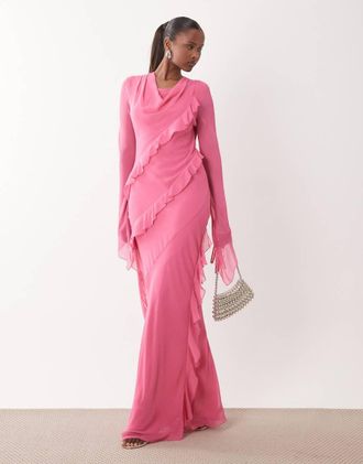 Daska Vestito lungo in chiffon rosa con scollo ad anello con volant