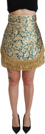 Dolce & Gabbana Womens Blue High Waist Jacquard Tassel Gold Skirt