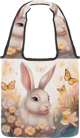 Generic Floral Rabbit Butterfly Reversible Canvas Shoulder Tote - Double-Sided Print, 12oz Cotton, 27cm Drop, Fold-Flat Bag for Travel, Shopping, Street Outin