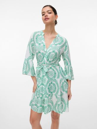 Vero Moda Tunikakleid VERO MODA VMMELBA 3/4 SHORT BELT DRESS WVN GA NOOS, Damen, Gr. M, N-Gr, weiss (snow wei&szlig; aop:holly gr&uuml;n), Web, Obermaterial: 100% Viskose,
