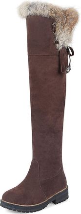 Generic Womens Faux Suede Thigh High Boots Low Block Heel Platform Long Boot Lace Up Over The Knee Boots,Brown,6.5 UK