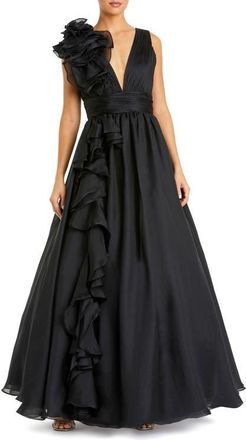 Mac Duggal Petite Ruffle Shoulder V-Neck Chiffon Gown in Black at Nordstrom, Size 12