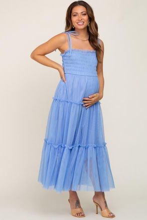 Pinkblush Smocked Mesh Midi Dress in Light Blue at Nordstrom, Size Medium
