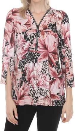 Joseph Ribkoff Floral Embellished Zip Front Tunic Top In Beige/multi