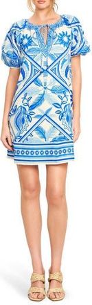 Flying Tomato Tie Keyhole Puff Sleeve Minidress in Ivory Blue at Nordstrom Rack, Size Medium