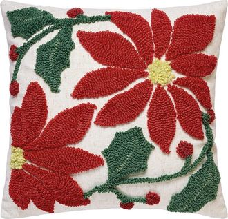 Peking Handicraft Hand-Hooked Poinsettia Wool- & Linen-Blend Tufted Hook Pillow