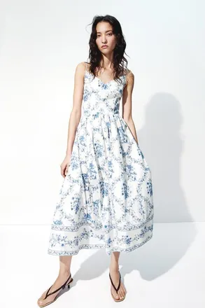 H&M Flared-skirt strappy dress in White/blue Floral at Nordstrom, Size X-Small