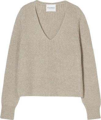 Closed Beige V-hals Trui Fishermans Rib - Dames - V-hals truien - Beige - S - Wol - Truien & Vesten