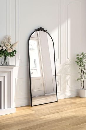 Living and Home 80x180cm Rococo Black Metal Arch Full-Length Wall Mirror with Scroll & Acanthus Leaf Carvings | Size: 80x180 cm