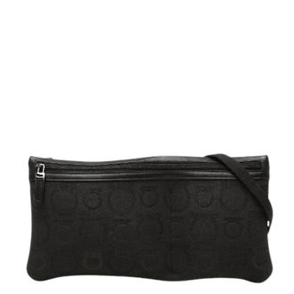 Ferragamo Pre-owned Gancini Canvas Leather Shoulder Bag - Dames - Pre-owned - Zwart - Maat: ONE Size Leer