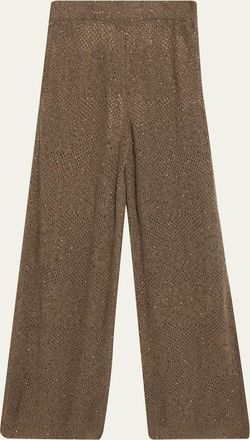 Brunello Cucinelli Floral Paillette Mohair Open-Knit Wide-Leg Pants