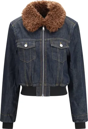 Ganni Detachable Shearling Collar Bomber Jacket - Blue