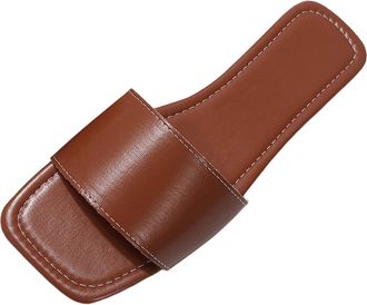 Generic Womens Sandals & Slides UK Faux Leather Flat Sandals Open Square Toe Slip On Slippers Outdoor Peep Toe Pool Beach Sandal Solid Color Backless Mules Fa