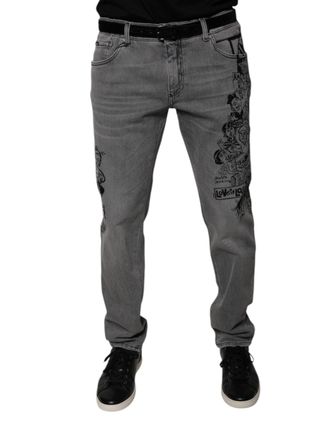 Dolce & Gabbana Mens Gray Graphic Print Cotton Skinny Denim Jeans Elastane Clothing