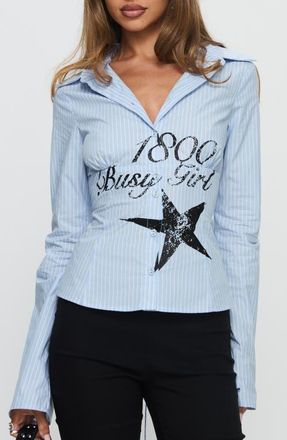 Princess Polly Busy Girl Stripe Cotton Button-Up Shirt in Blue Stripe at Nordstrom, Size 2