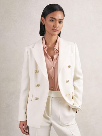 Reiss White Double-breasted Twill Suit Blazer With Wool, 12