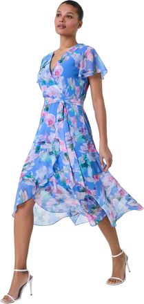 Roman Womens Floral Frill Detail Wrap Dress - Sky Blue - Size 14 UK
