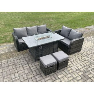 Fimous Pe Wicker Outdoor Rattan Garden Furniture Set Propane Gas Fire Pit Table and Sofa set with 2 Small Footstools - Fimous