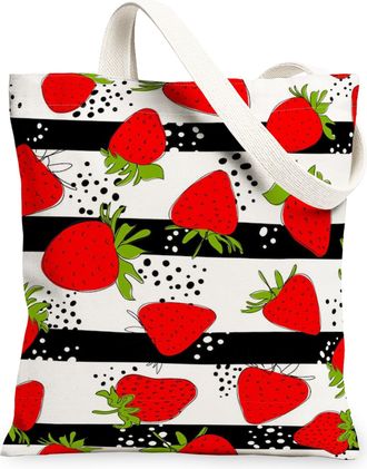 Generic Strawberry Print Canvas Tote Bags, Stylish Fruit Pattern Reusable Shopping Bags, Summer Floral Lightweight Washable Shoulde, Red, 13x15 Inch
