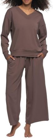 Felina Kimora Relaxed Fit Wide Leg Stretch Cotton Blend French Terry Pajamas in Deep Taupe at Nordstrom, Size X-Large