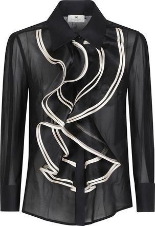 Elisabetta Franchi Black Long Sleeve Sheer Viscose Ruffle Shirt