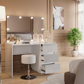 Vicco Tocador Marla, Blanco Alto Brillo, 120 Cm Con Espejo, Taburete, Luces De Hadas Led