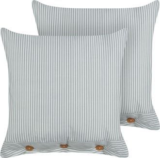 Beliani Beliani - Conjunto De 2 Cojines Decorativos Modernos Cuadrado Botones Estampado A Rayas Verde Y Blanco 45 X 45 Cm Sebrine