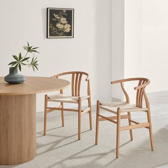 Furniturebox 2x Caia Solid Wood & Rope Wishbone Dining Chairs in Light Brown