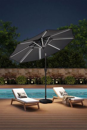 Living and Home Large Solar Powered LED Patio Umbrella for Outdoor Garden Patio with Base in Dark Grey