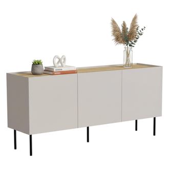 Dmora Aparador Verrone, Aparador De Sal&oacute;n Con Tres Puertas Batientes Y Compartimentos Interiores, Elevado Del Suelo, 150x40 H70 Cm, Beige Y Roble