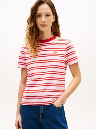 Tommy Hilfiger Kurzarmshirt TOMMY HILFIGER TH SCRIPT REG C-NK SS TEE, Damen, Gr. L (42/44), preppy stripe pink fireworks, Single Jersey, Obermaterial: 95% Baumwolle,