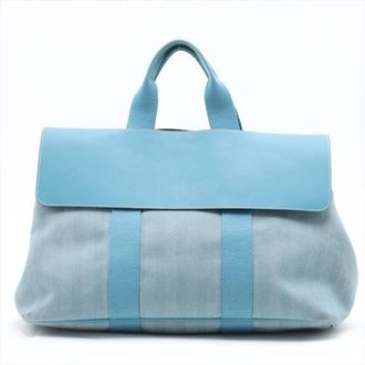 Herm&egrave;s Blue Jean Leather Canvas Handbag Shoulder Bag Tote Bag (Pre-Owned)