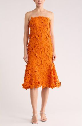 SIMKHAI Fleurella Strapless Butterfly Lace Midi Dress in Tangerine at Nordstrom Rack, Size 00