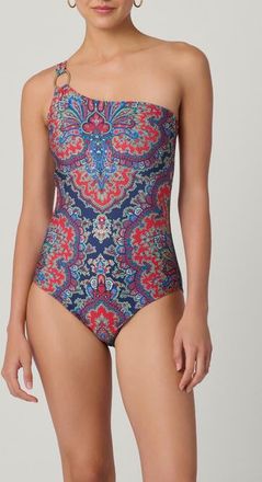 Shoshanna Bateau Medallion Print Ring One Shoulder One-Piece in Navy/multi at Nordstrom, Size 12