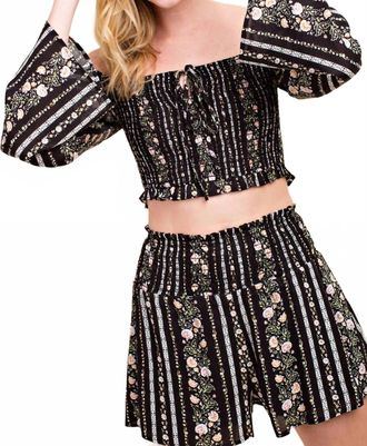 Honey Punch Floral Smocking Top In Black