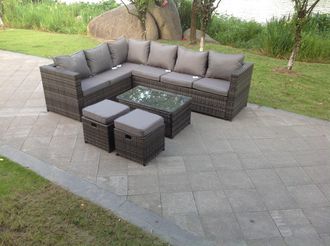 Fimous 8 Seater Rattan Corner Sofa Lounge Sofa Set With Rectangular Coffee Table 2 Stool & Chair Left Hand in Dark Grey