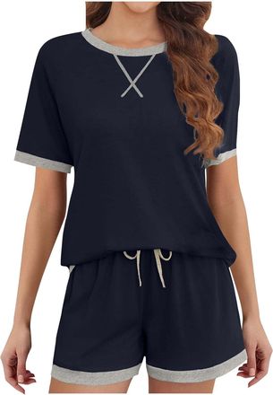 Generic Export Quality Cotton PJ Set, Striped Crew Neck Tee & Utility Pocket Shorts,Sleepwear for Sensitive Skin, Family Matching Loungewear Blue