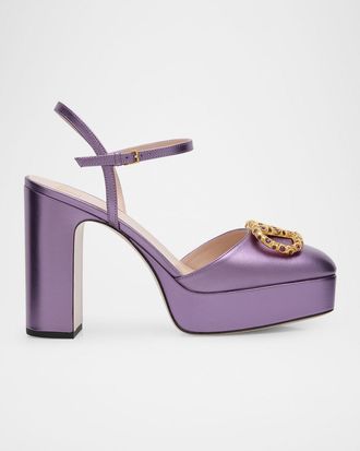 Valentino Garavani VLogo Metallic Ankle-Strap Platform Pumps
