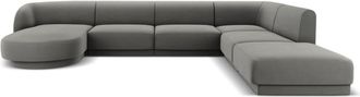 MICADONI Sofá esquinero panorámico derecho 6 plazas de terciopelo gris claro