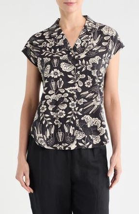T Tahari Cap Sleeve Linen Blend Button-Up Shirt in Black Floral Print at Nordstrom Rack, Size X-Large