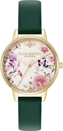 Olivia Burton Illustrated Floral Leather Strap Watch, 30mm in Ivory/green at Nordstrom