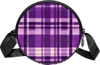 Generic Circle Crossbody Bag for Women, Purple Retro Plaid Small Sling Bag Daypack with Zipper Adjustable Shoulder Straps Casual Ladies Girls Round Purse