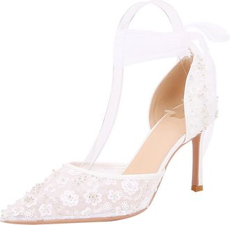 Generic Women Pointed Toe Stiletto High Heels 8.5CM White Lace Tulle Floral Sequins Wedding Evening Party Adjustable Ankle Strap-Numeric_10_Point_5