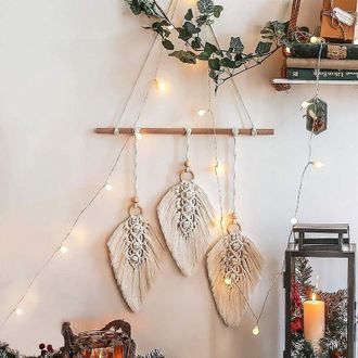 OEM Tapiz De Macram&eacute; Hecho A Mano Con Motivos De Hojas Y Plumas - Decoraci&oacute;n De Pared Bohemia De Algod&oacute;n Para Sala De Estar O Dormitorio