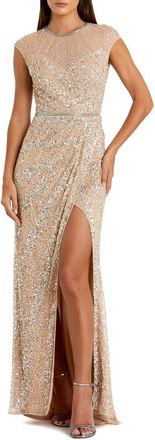 Mac Duggal Embellished Illusion High Neck Cap Sleeve Gown in Nude at Nordstrom, Size 12